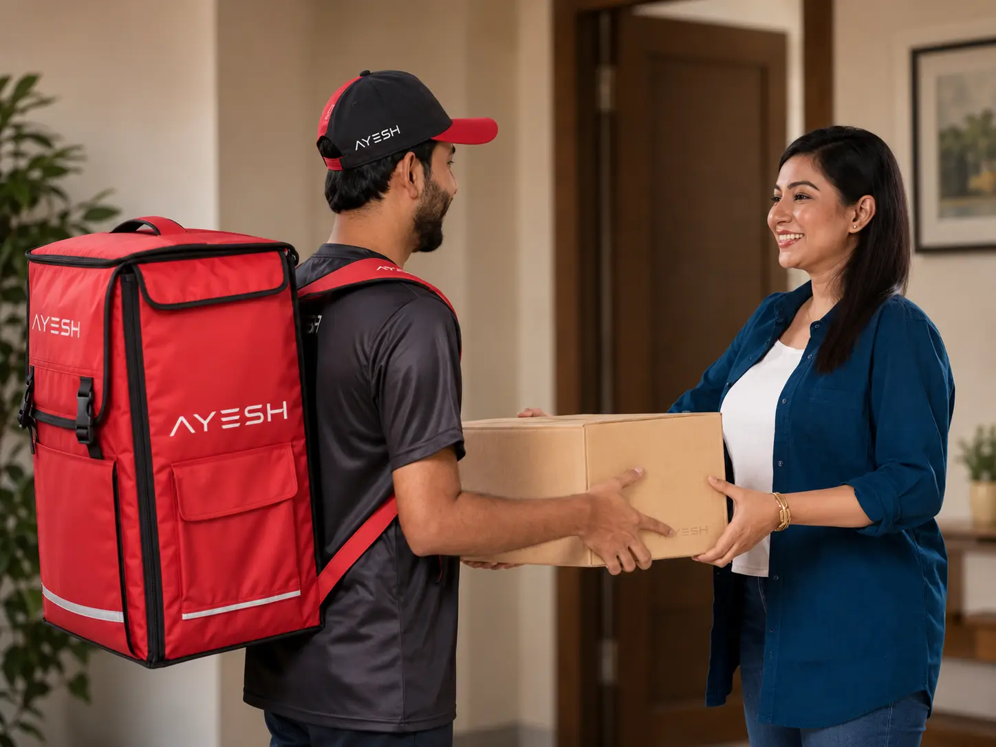 AYESH delivery representative handing a parcel to a customer